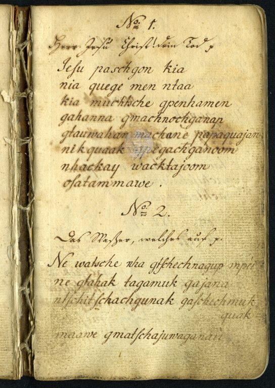 “Verse zum Gebrauch bey den Indianern in Scattigok” [Verses for the use of the Indians in Scattigok (Connecticut)], Records of the Moravian Mission among the Indians of North American (MissInd) 331.2, Moravian Archives, Bethlehem, Pa. Reproduction courtesy of the Moravian Archives.
